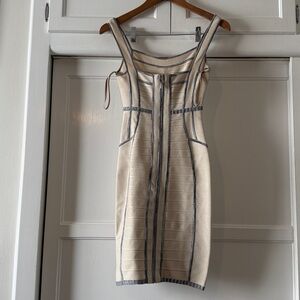Herve Leger Cream and Light Blue Dress